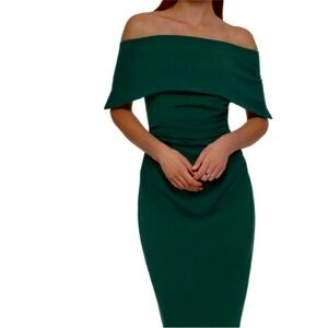 VINCE CAMUTO Off-The-Shoulder Dark Hunter Green Midi Ruched Waist Bodycon Dress
